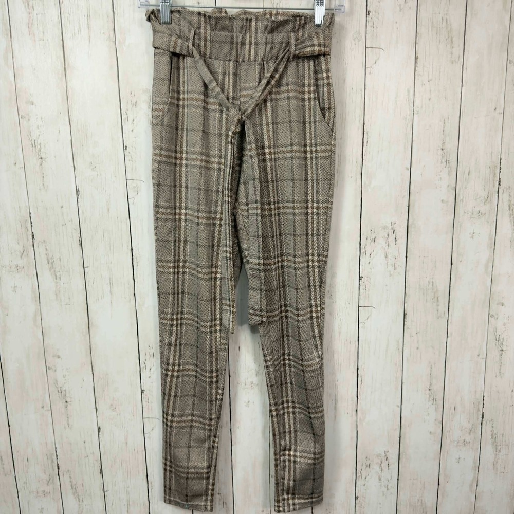 Shosho Women's Brown Plaid Paperbag Waist Tapered Pants Size XS